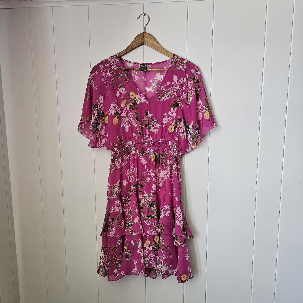 Taylor Pink Floral Flutter Ruffle Sleeve Elastic Waist Dress